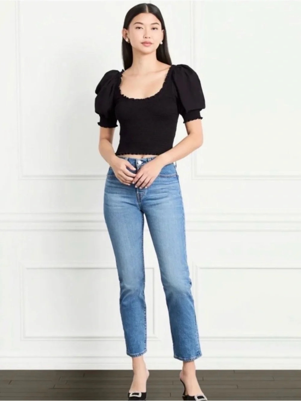 Hill House Black Aiko Smocked Top with Puff Sleeves